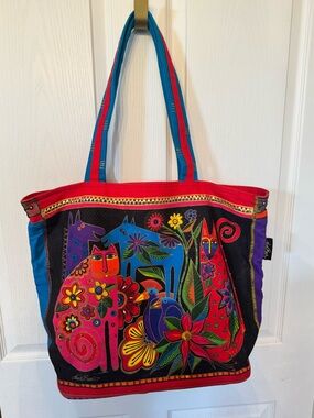Laurel Burch Multicolored Artwork Cat Print Tote Bag